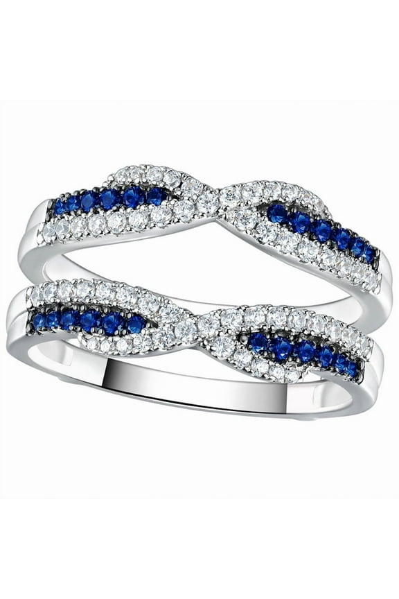 Infinity Twist Blue Sapphire & Diamond Accent Ring Guard in 925 Sterling Silver – Double Enhancer Wedding Band Set for Women – September Birthstone Jewelry
