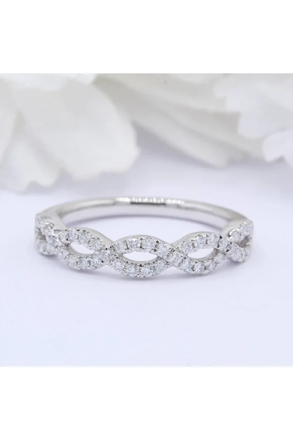 Infinity Twist Diamond Engagement Ring, 1.5 Ct Round Brilliant Simulated Diamond, Pave Diamond Wedding Ring, 14K White Gold Plated, Stackable Anniversary Ring
