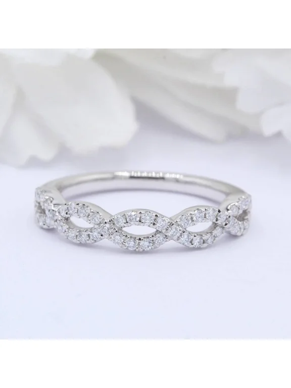 Infinity Twist Diamond Engagement Ring, 1.5 Ct Round Brilliant Simulated Diamond, Pave Diamond Wedding Ring, 14K White Gold Plated, Stackable Anniversary Ring