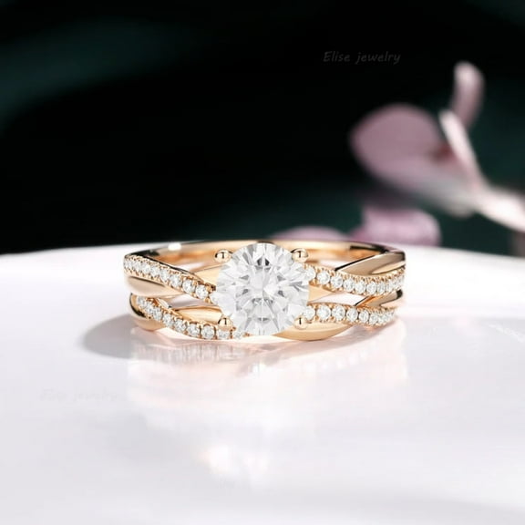 Infinity White Diamond Engagement Ring Set in 14K Rose Gold Vermeil – Twisted Vintage Wedding Ring for Women – Promise Bridal Ring