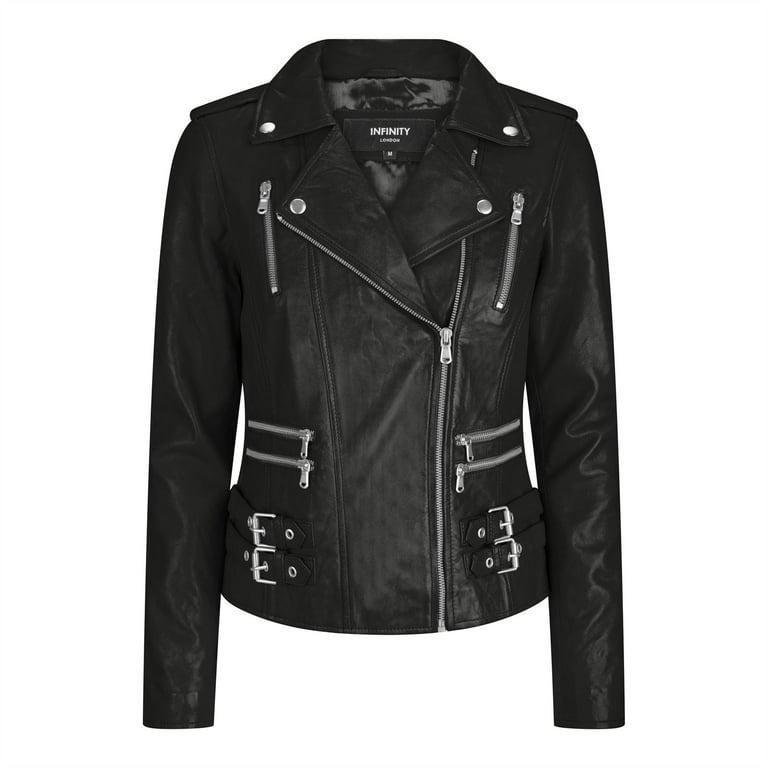 Infinity Women's Black Blue Leather Racing Biker Jacket