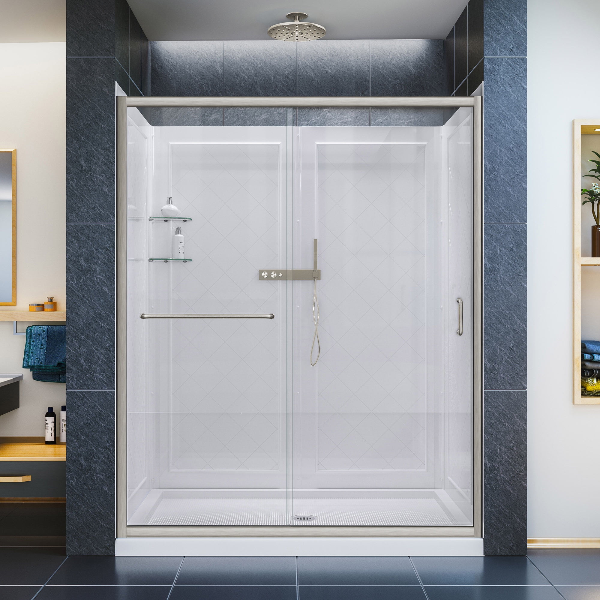 Infinity-Z 60" x 30" Clear Glass Sliding Shower Kit with Brushed Nickel Frame