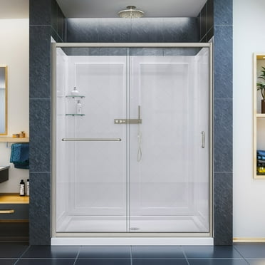 Infinity-Z 30 in. D x 60 in. W x 76 3/4 in. H Clear Sliding Shower Door in Brushed Nickel, Center Drain and Backwalls