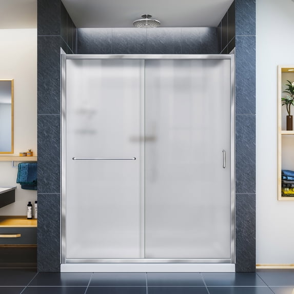 Infinity-Z 34 in. D x 60 in. W x 76 3/4 in. H Frosted Sliding Shower Door in Chrome, Left Drain Base and Backwalls