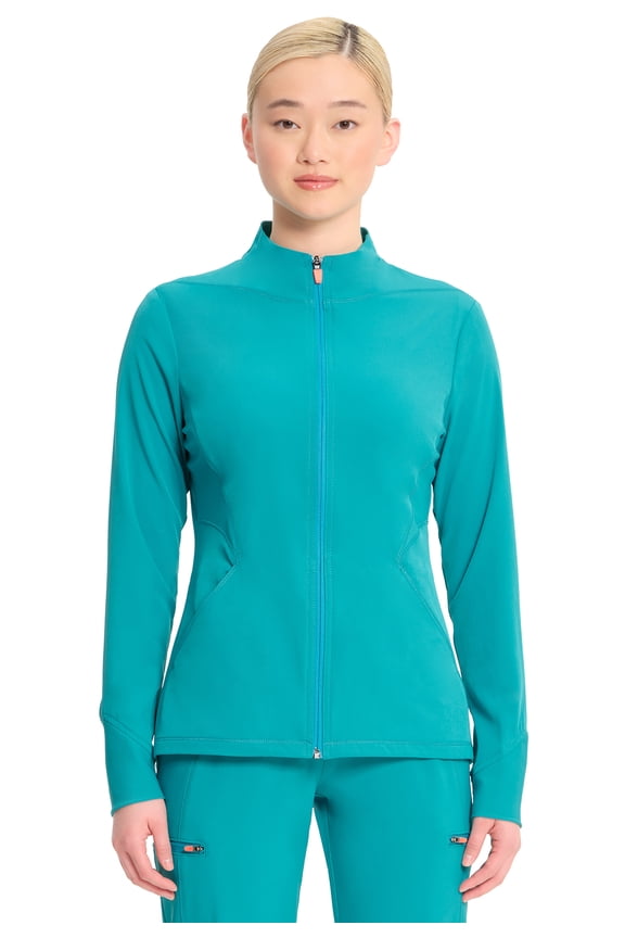 Zip Front Jacket for Women with Stand Up Collar Stylized Front and Back Yoke Seams and 2 Pockets IN320A, M, Teal Blue