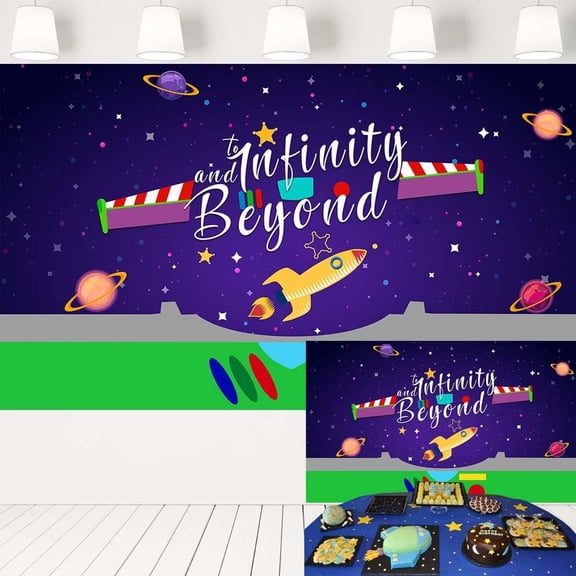 Infinity and Beyond Backdrop Green and Purple Space Theme Background Kids 2nd Birthday Party Banner Decorations for Cake Table 5x3 ft