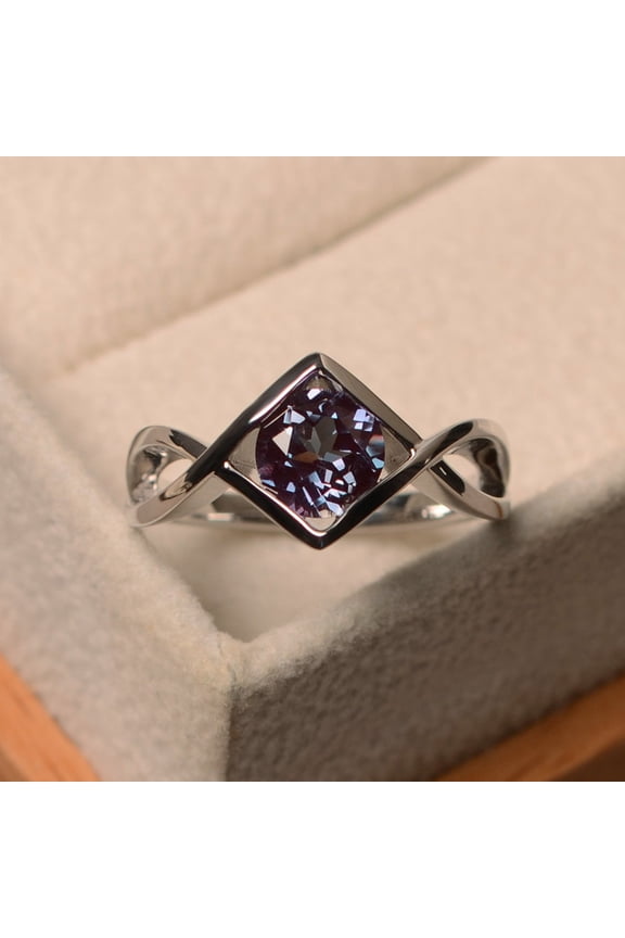 Infinity band ring, round shaped alexandrite engagement ring, June birthstone, color changing gemstone, Solitaire ring