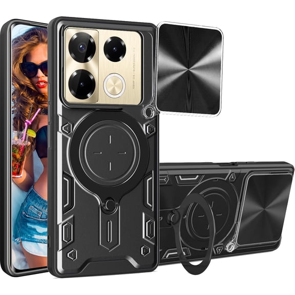 for Infinix Note 40 Pro/Note 40 Pro Plus  Case with Magnetic Ring Kickstand, Rugged Military Grade Shockproof Heavy Duty Case with Slide Camera Lens Cover for Infinix Note 40 Pro JS-Black