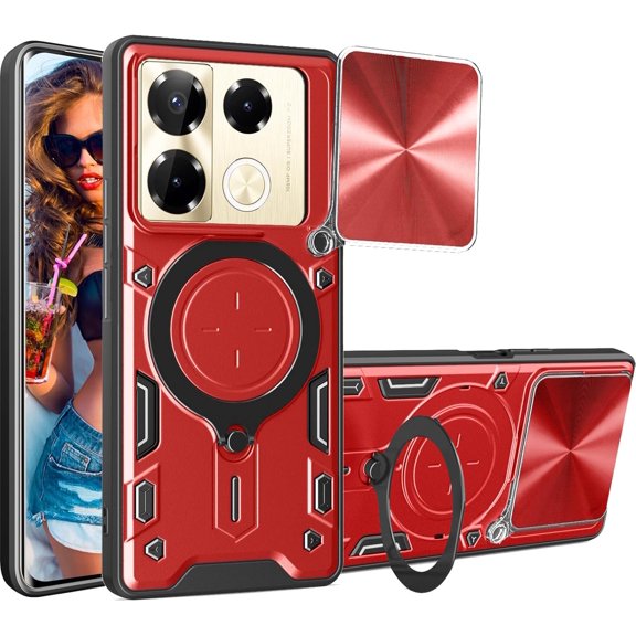 for Infinix Note 40 Pro/Note 40 Pro Plus Case with Magnetic Ring Kickstand, Rugged Military Grade Shockproof Heavy Duty Case with Slide Camera Lens Cover for Infinix Note 40 Pro JS-Red