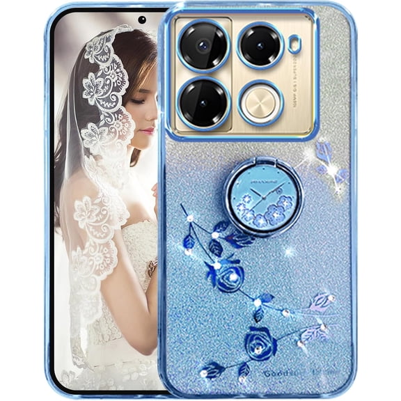 for Infinix Note 40 Pro Slim Case, Crystal Bling Clear Glitter Sparkle Diamond Flowers Floral Design Soft Silicone Cover with Ring Kickstand for Infinix Note 40 Pro HSF-Blue