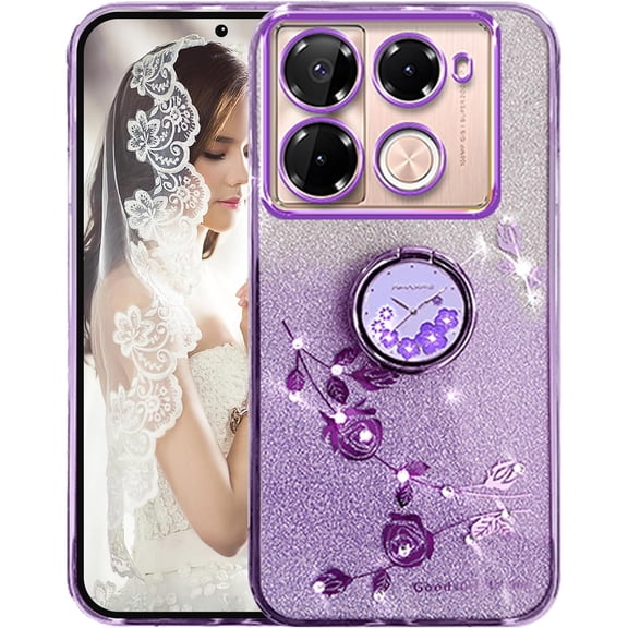 for Infinix Note 40 Pro Slim Case, Crystal Bling Clear Glitter Sparkle Diamond Flowers Floral Design Soft Silicone Cover with Ring Kickstand for Infinix Note 40 Pro HSF-Purple