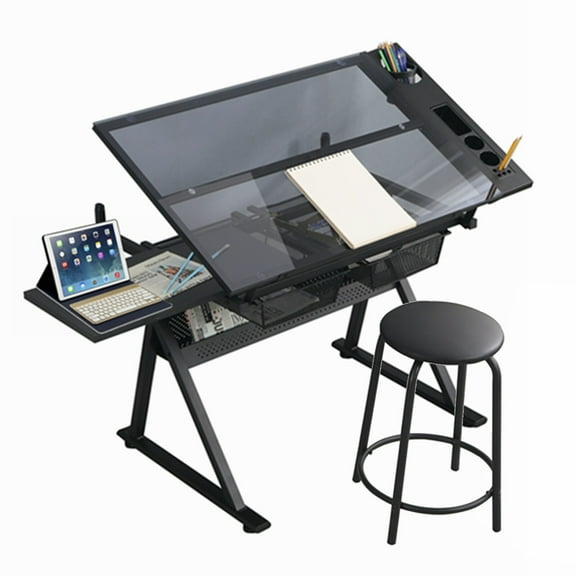 Infirleo Glass Drafting Table with Stool, Height Adjustable Drawing Table Art Craft Desk for Artists, Tilting Tabletop Diamond Paintings Work Station with Storage for Home Office, Black