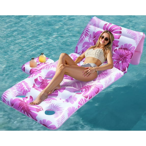 Inadays Inflatable Pool Float Adult - Tropical Leaves Pool Lounger Floaties Adults with Adjustable Backrest Cup Holders Water Floaty Lake Lounge Tanning Floats Beach Party Toys for Adults (Pink)