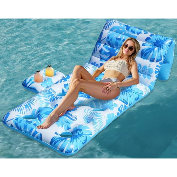 Inadays Inflatable Pool Float Adult - Tropical Leaves Pool Lounger Floaties Adults with Adjustable Backrest Cup Holders Water Floaty Lake Lounge Tanning Floats Beach Party Toys for Adults (Blue)