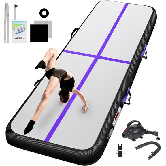 Inflatable Air Gymnastics Tumbling Track Mat with Pump, 4in & 8in Thickness, Multiple Sizes 10ft/13ft/16ft/20ft Waterproof Training Mat for Home, Cheerleading, Yoga & Water Activities