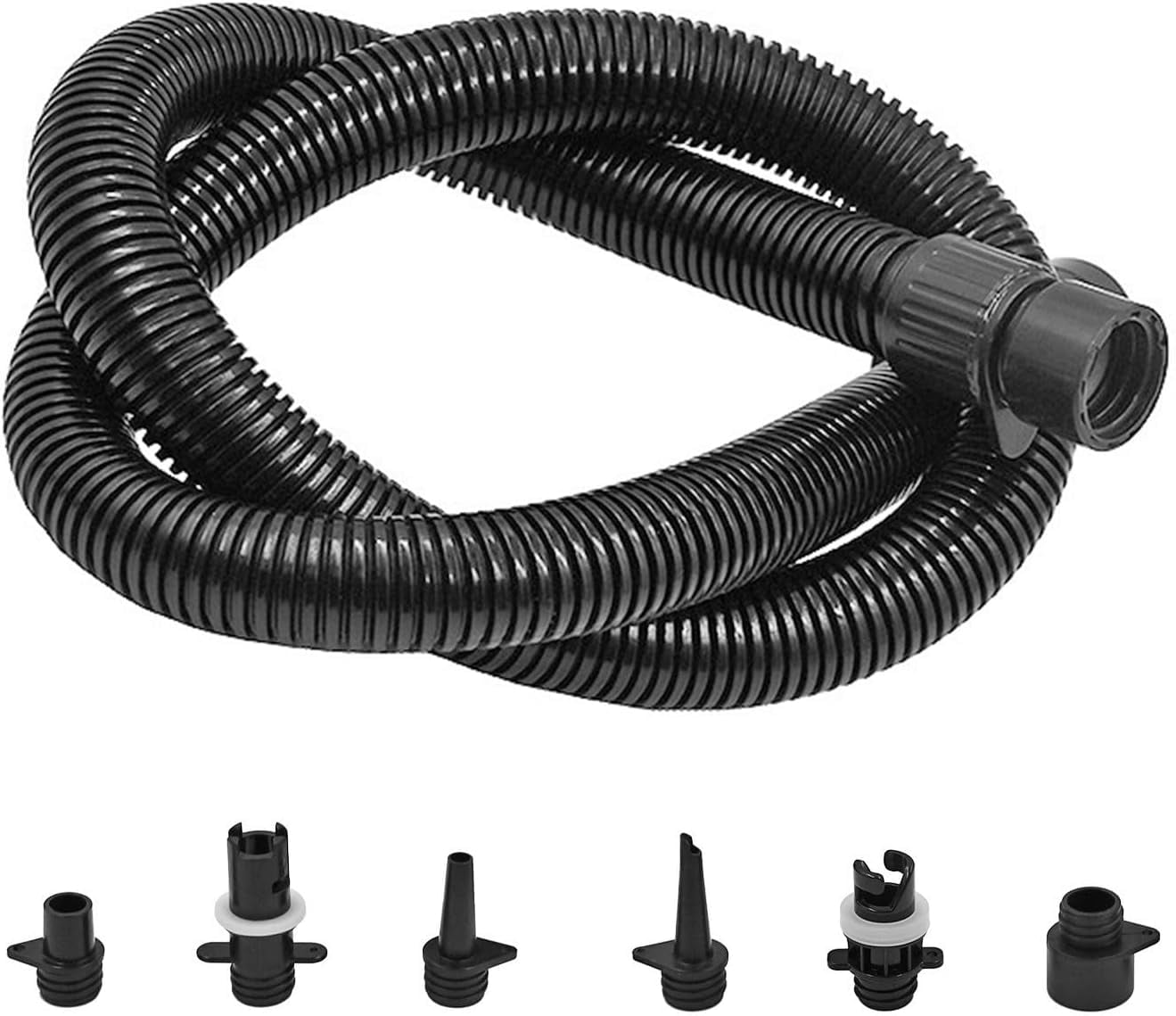 Inflatable Air Hose Nozzle Kit with 6 Sizes for Electric Air Pumps 20PSI, Compatible with HT-781 HT-782 HT-790 HT-792, for Kayak, Paddle Board, Boat, and Water Sports Accessories, Black 3.3ft