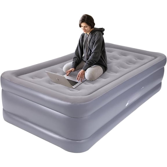 Inflatable Air Mattress  with Built in Pump Comfort Blow up Bed  &Easy Set up Dura Beam  Support Mattress for  Guests & Camping Grey