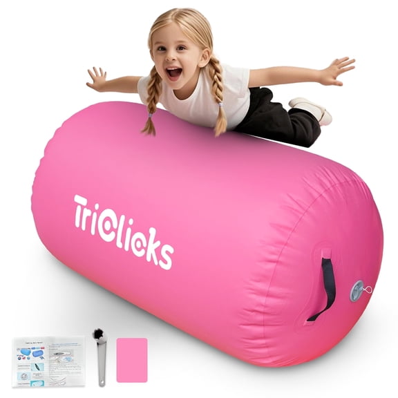 Inflatable Air Roller Gymnastics Barrel Tumbling Mat for BackHandspring Training Barrel Mat Home & Gym Exercise Equipment No Pump (100*60cm Pink)