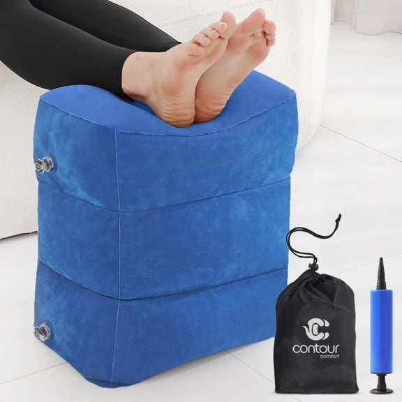 Contour Comfort Inflatable Travel Foot Rest, Airplane Leg Support with Hand Pump and Carry Bag, Blue