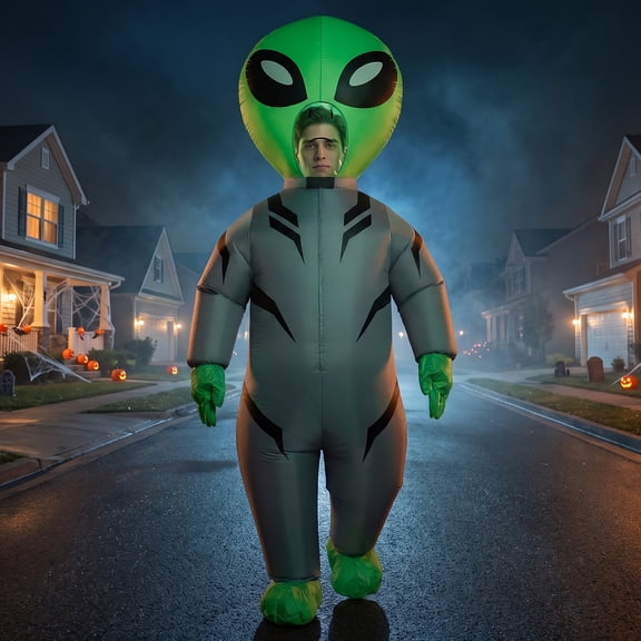 Inflatable Alien Costume for Adults, 6.6 FT Giant Green Blow Up Alien Suit with Clear Vision Window, Funny Halloween Party Cosplay Outfit for Men Women