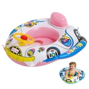 Inflatable Baby Swimming Float Car Seat with Steering Wheel and Backrest Toddler Pool Swimming Ring for Babies Kids Summer Pool Beach Water Toy 1PC, Pink