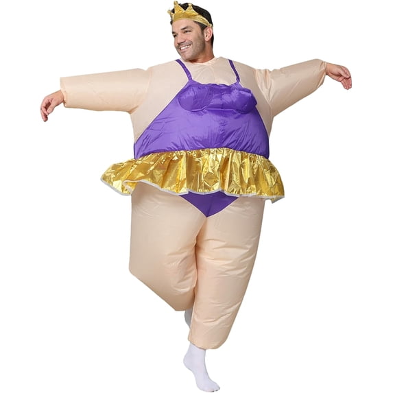 Inflatable Ballerina Costume for Adults, Funny Blow‑up Purple Ballet Dancer Suit with Golden Crown for Halloween Cosplay Party