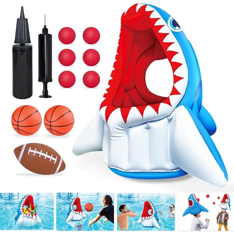 Inflatable Pool Toys, Basketball Football Head Hoop Toss Floats Shark Toy, Outdoor Water Game Activities Cool Toys for Boys Kids Adults Family, Swimming Pool Party Water Carnival Pool Float Toys