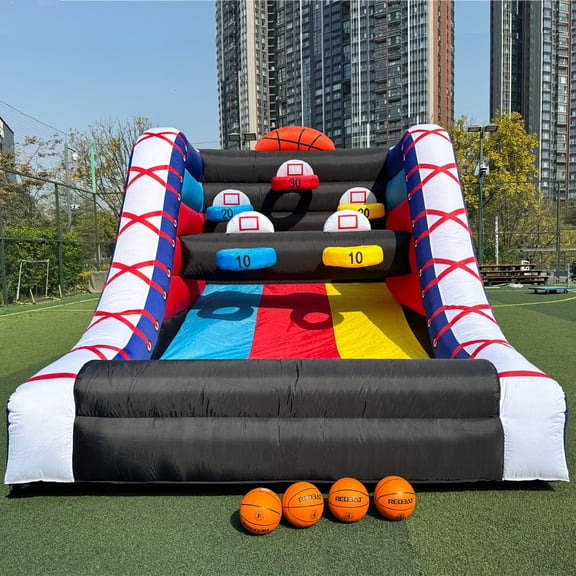 Inflatable Basketball Hoop Shot Inflatable Party Basketball Game | 10' L x 13' W x 10' H | with 5 Hoops, 4 Balls, Air Blower, Stakes for Birthday Parties, Lawn Games, School Events