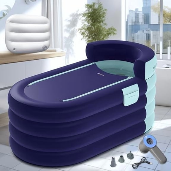 Inflatable Bathtub Adult 63'' Portable Blow Up Bath Tubs with Cordless Air Pump, Ideal for Hot Ice Bath, Quick Drain Design with 9'10'' Long Hose, Phone Pocket, Water Cushion (Blue)