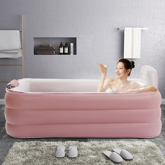 Inflatable Bathtub, Modern PVC Inflatable Bath Tub with Air Pump & Drainage Pipe, Freestanding Portable Adult Bathtub for Hot Water & Ice Bath Pink 70℃/158℉