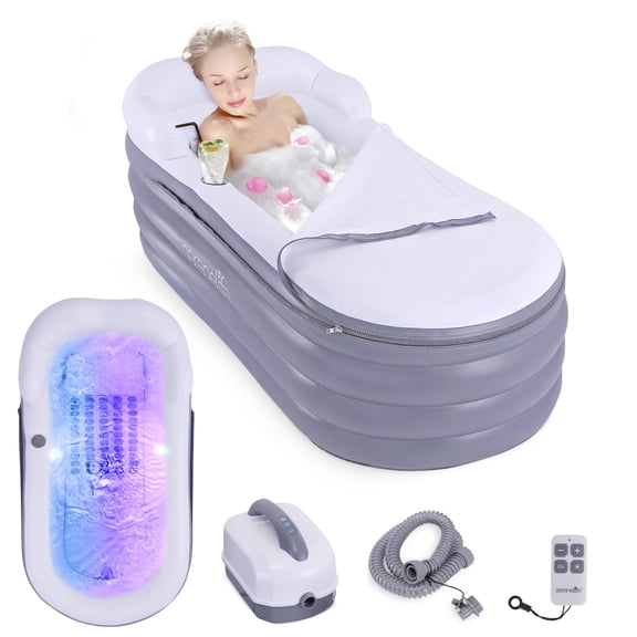 SereneLife Spa Bathtub with Bubble Massage Mat Inflatable Bathtub with Pillow, Cup Holder, Remote Control for LED Lighting, Backrest and Armrests, Supporting Up To 190 lbs. 66" x 30" x 26"