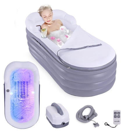 SereneLife Spa Bathtub with Bubble Massage Mat – Inflatable Bathtub with Pillow, Cup Holder, Remote Control for LED Lighting, Backrest and Armrests, Supporting Up To 190 lbs. 66" x 30" x 26"