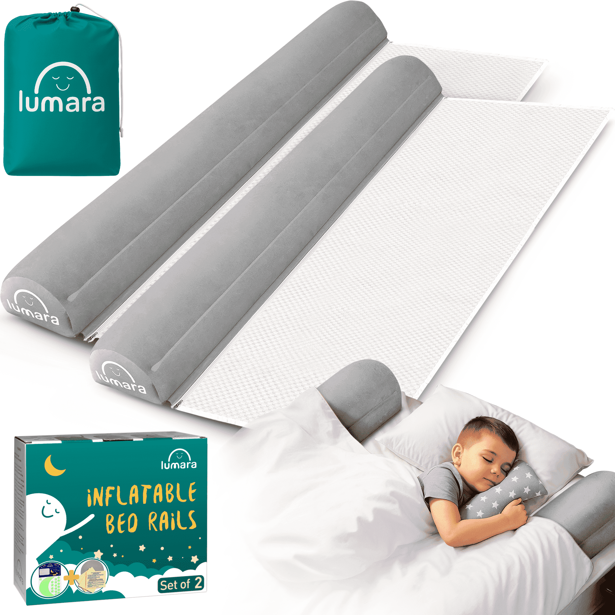 Inflatable Bed Rail for Toddlers 2 Pack - Portable Travel Bumpers for Kids Fits Twin Full Queen King Size Beds - Non-Slip Safety Guard Rails