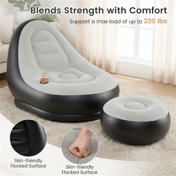 Inflatable Blow Up Couch Ottoman Set Flocked PVC 220LBS Capacity Cup Holder Gray Black Portable Lightweight Washable 41In Indoor Outdoor Camping Apartment Living Room Temporary Quick Inflation Soft