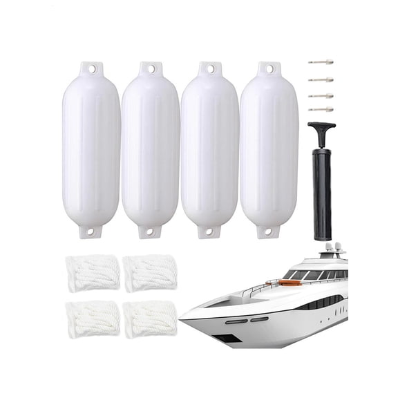 Inflatable Boat Fenders 4 Pack 10x30 Inches, Sail Boat Docking Protection, Kit with Ropes Pump and Needles(White)
