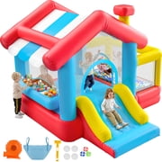 Inflatable Bounce House, Bouncy Castle with Sunshade Roof, Kiosk Stand & 8 Thick Mattress Ball Pit, Extra Large Outdoor Indoor Playhouse with Blower Included