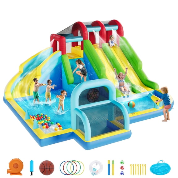 Inflatable Bounce House with 3 Slides, Climbing Wall & Splash Pool, Kids Water Bouncer with Blower, Large Jumping Area, Outdoor Indoor Bouncy Castle for 1–6 Children