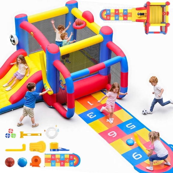 Inflatable Bounce House, 8-in-1 Multi-Game Dry & Wet Bouncy Castle for Kids 3-12, Jumping Area, Slide, Basketball, Soccer, Ice Hockey, Hopscotch, Water Slide, Blower Included