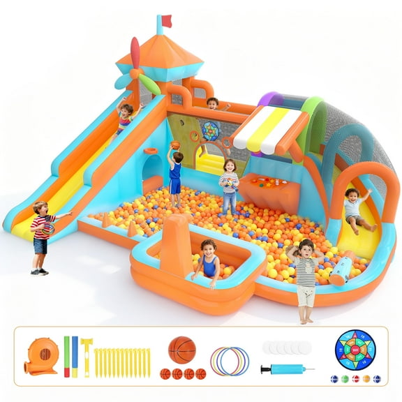 Inflatable Bounce House with Double Slides, 10 in 1 Bouncy House with 750W Blower, Toy Stand, Splash Pool, Climbing Wall, Jumping, Water Cannon, Basketball, Deep Pool for Kids Indoor Outdoor, Orange
