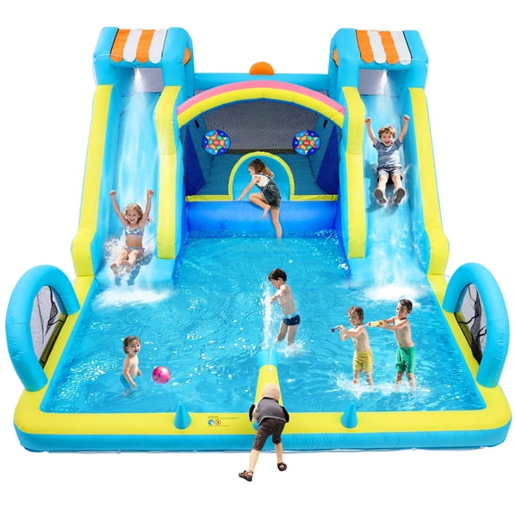 Inflatable Bounce House, Double Water Slide Bounce House, Premium Oxford Fabric Bouncy Castle with Blower for Kids, Indoor Outdoor Play Center for Backyard Party & Family Fun