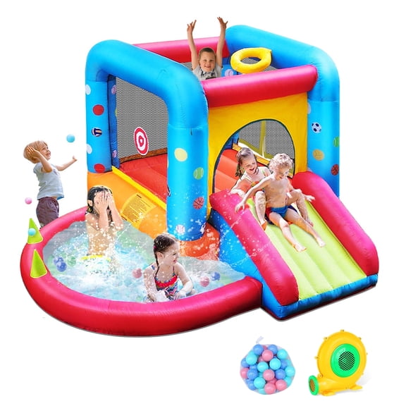Inflatable Bounce House, Kids Castle Slide Bouncer for Children Jumping Outdoor and Indoor Party, Baby Backyard Water Jumper Toy with Blower, Ball Pit Pool, Ideal Gifts