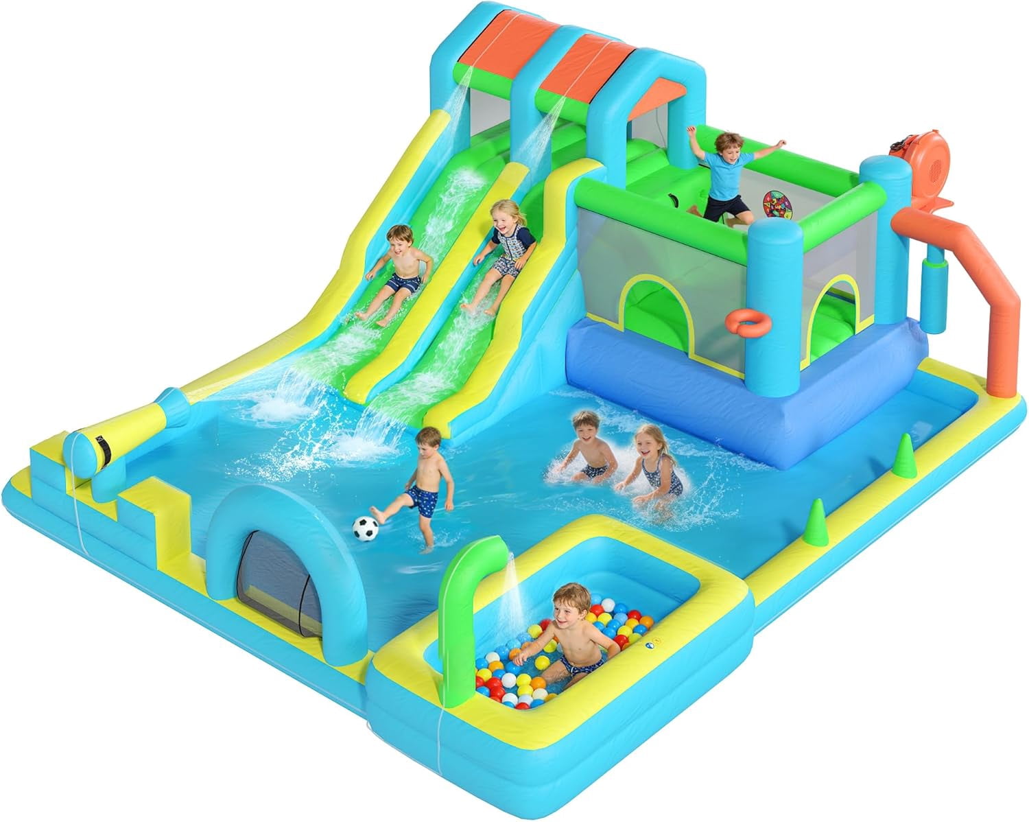 Hommow Inflatable Bounce House Double Water Slide with Blower, Climbing Wall, Water Gun, Splash Pool, Basketball Hoop, Indoor Outdoor Backyard