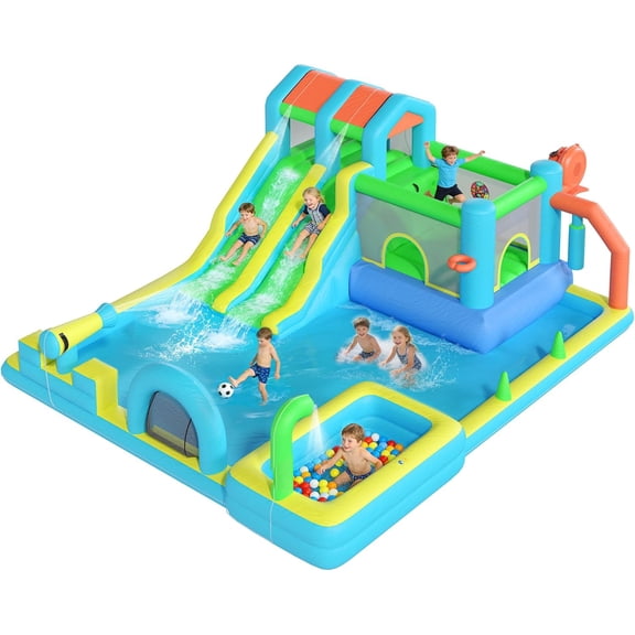 Hommow Inflatable Bounce House Double Water Slide with Blower, Climbing Wall, Water Gun, Splash Pool, Basketball Hoop, Indoor Outdoor Backyard