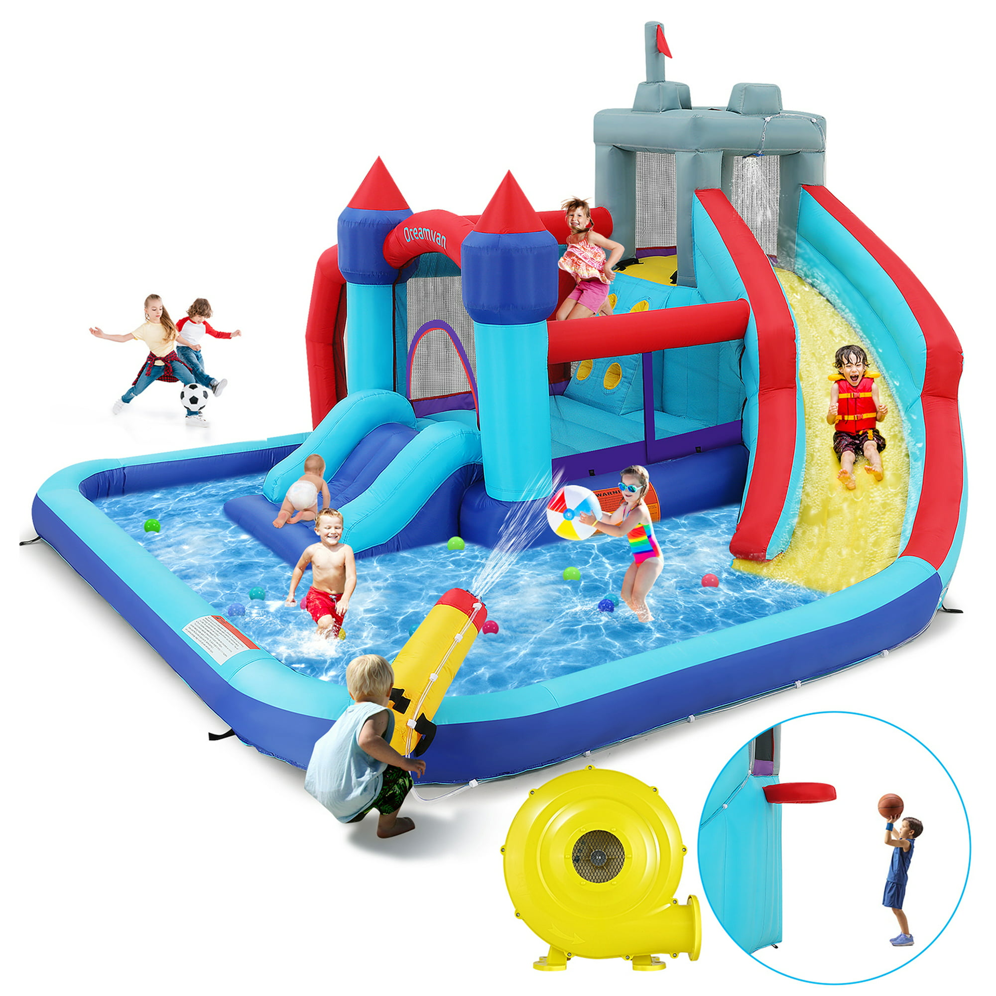 Inflatable Castle Inflatable Water Slide, Bounce House with Blower, Bouncing Slides, Climbing Wall, Basketball Hoop, Water Gun, Football Area