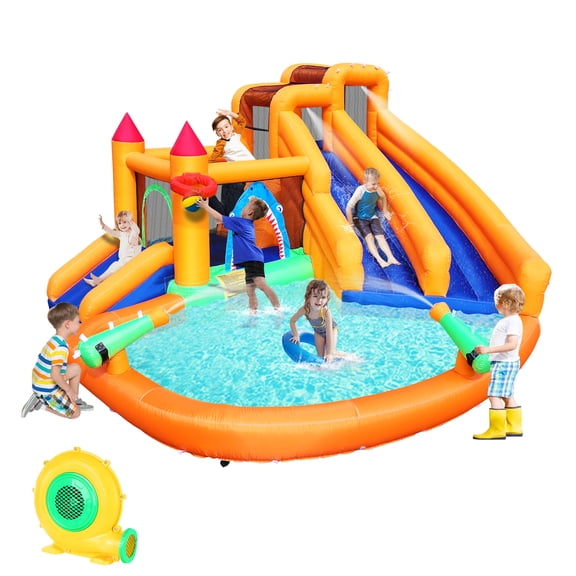 Inflatable Bounce House, Triple Water Slide for Kids with Double Cannon, Climbing Wall, Jumping, Splash Pool, Basketball Hoop for Outdoor Backyard Party, 10 in 1 Giant Castle Included 550W Air Blower