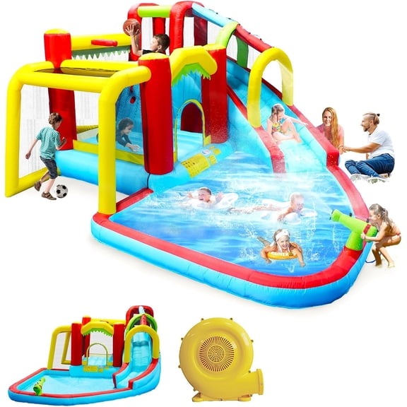 Inflatable Bounce House Water Park and Slide for Kids Ages 8-12,Blow Up Water Slides for Backyard,Outdoor Bounce House with Dual Slides,Air Blower Included,Deep Pool,177 * 137 * 94.4