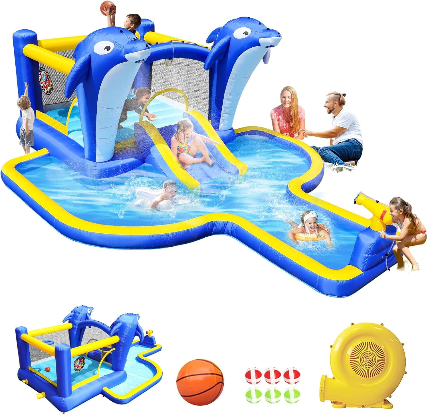 Inflatable Bounce House Water Park and Slide for Kids Ages 8-12,Blow Up Water Slides for Backyard,Outdoor Bounce House with Dual Slides,Air Blower Included,Deep Pool,227 * 162 * 82