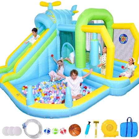 Inflatable Bounce House Water Slide,12 in 1 Play Areas for Kids with Airplane Bouncy,Climbing Wall,Deep Pool,Water Cannon,Ball Dart for Outdoor Indoor