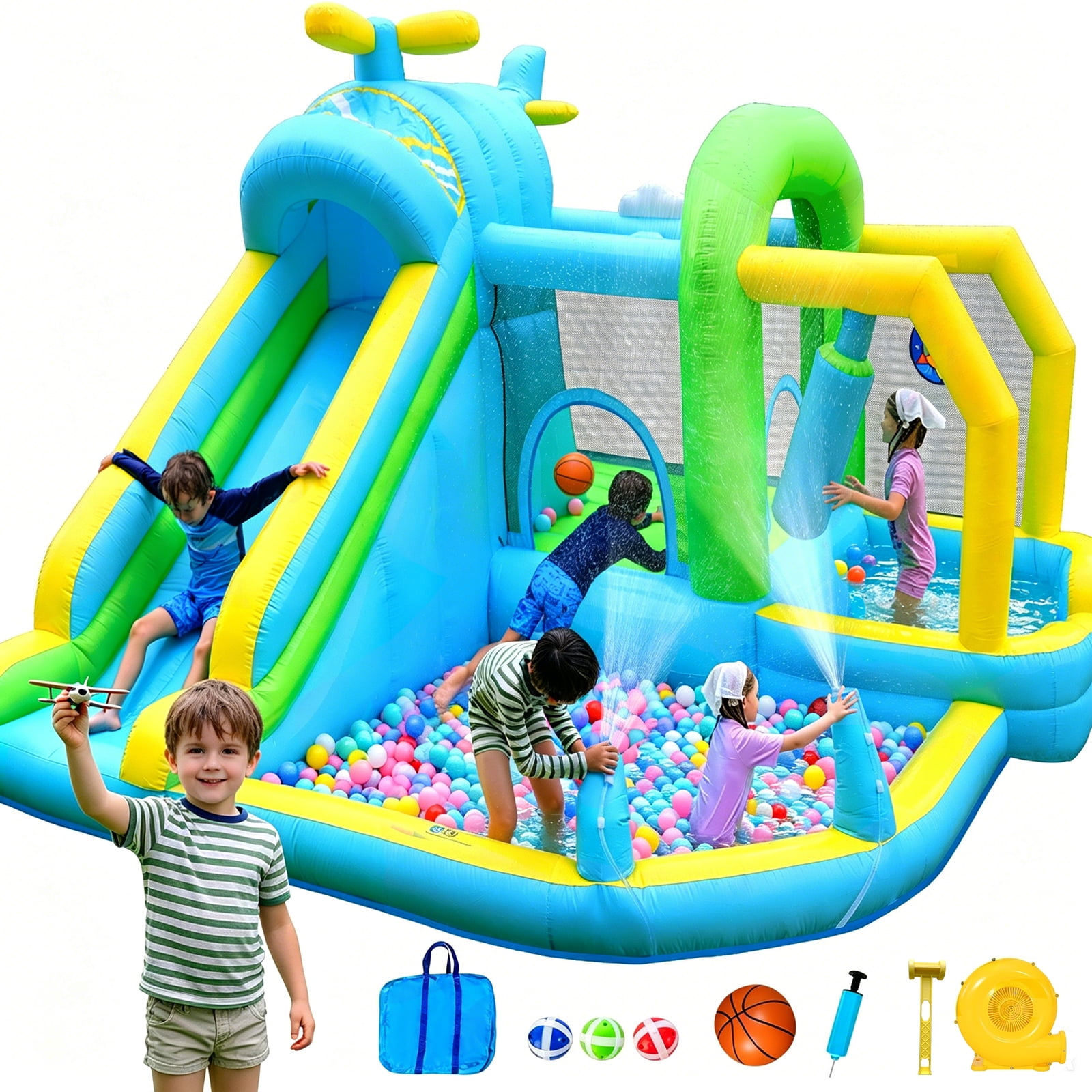 Inflatable Bounce House Water Slide,12 in 1 Play Areas for Kids with Airplane Bouncy,Climbing Wall,Deep Pool,Water Cannon,Ball Dart for Outdoor Indoor