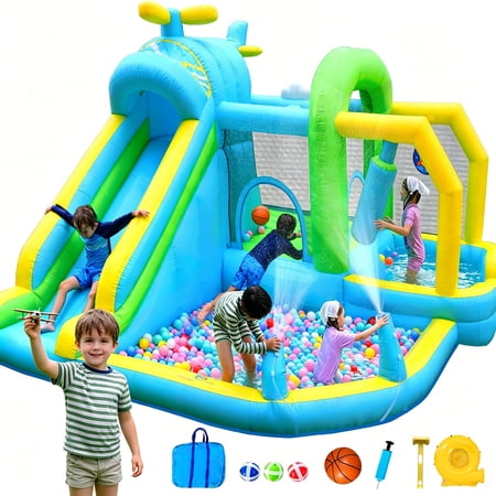 Inflatable Bounce House Water Slide,12 in 1 Play Areas for Kids with Airplane Bouncy,Climbing Wall,Deep Pool,Water Cannon,Ball Dart for Outdoor Indoor